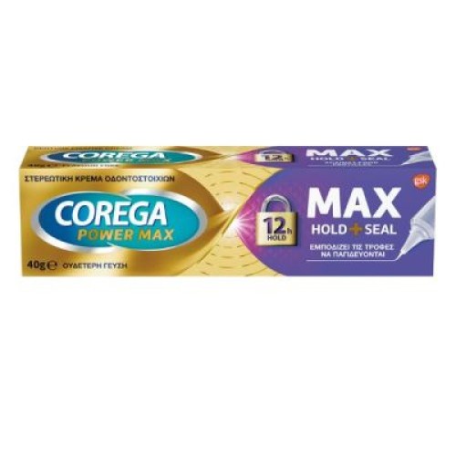 Corega Max Hold+Seal, Στερεωτική Κρέμα Τεχνητής Οδοντοστοιχίας για την προστασία από την Εισχώρηση των Τρφών, 40gr