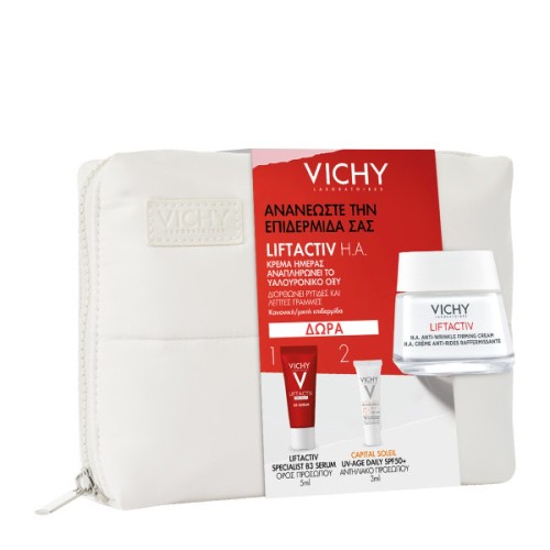 Vichy Promo Liftactiv H.A. Αντιρυτιδική-Συσφικτική Κρέμα Προσώπου Ημέρας για Κανονική έως Μεικτή Επιδερμίδα 50ml. ΔΩΡΟ σετ περιποίησης με ορό Liftactiv Specialist B3 Serum 5ml & αντηλιακό προσώπου Capital Soleil UV Age Daily spf 50+ 3ml