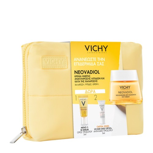Vichy Promo Neovadiol Replenishing Antisagginess κρέμα ημέρας αναπλήρωσης λιπιδίων κατά της χαλάρωσης 50ml. ΔΩΡΟ ολοκληρωμένο πρωτόκολλο περιποίησης με ορό Neovadiol Meno 5 Bi-Serum 5ml & αντηλιακό προσώπου Capital Soleil UV Age Daily spf 50+ 3ml