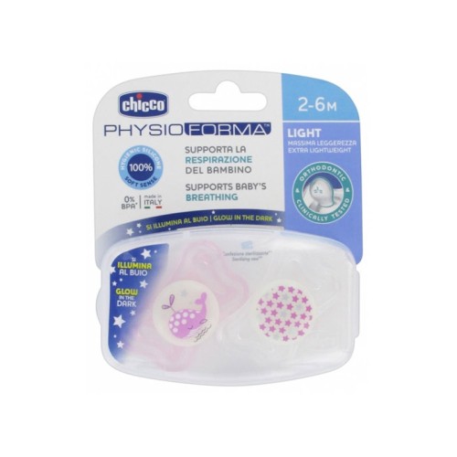 Physio Forma Light Chicco Πιπίλα Σιλικόνης Νύχτας Pink/White 2-6m 2τμχ 