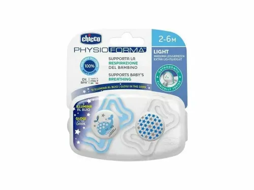 Chicco Physio Forma Light Πιπίλα Σιλικόνης Νύχτας  Light Blue/White 2-6m (2τμχ) 